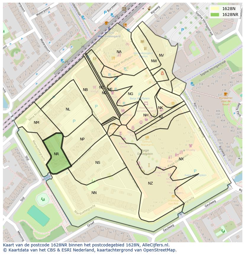 Afbeelding van het postcodegebied 1628 NR op de kaart.