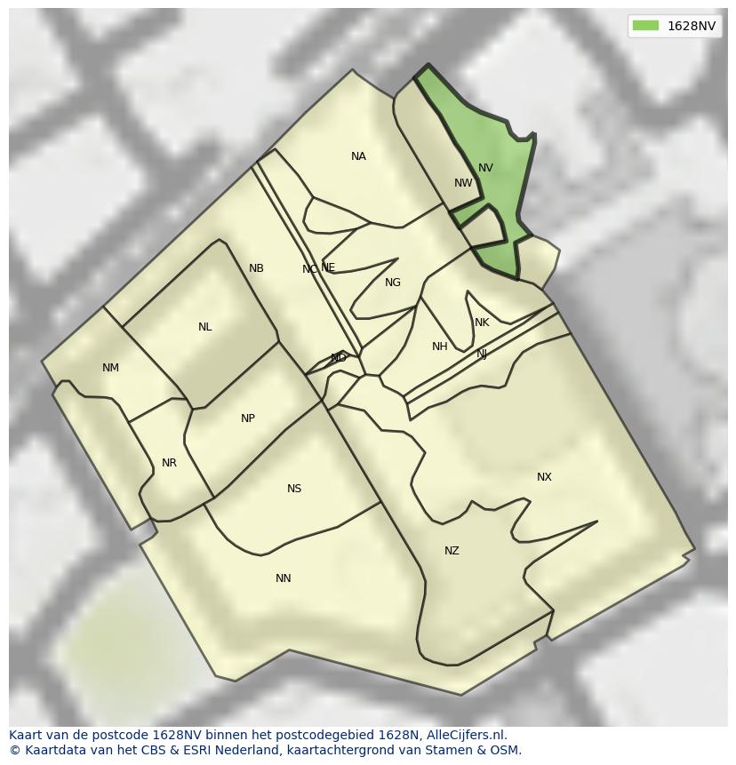 Afbeelding van het postcodegebied 1628 NV op de kaart.