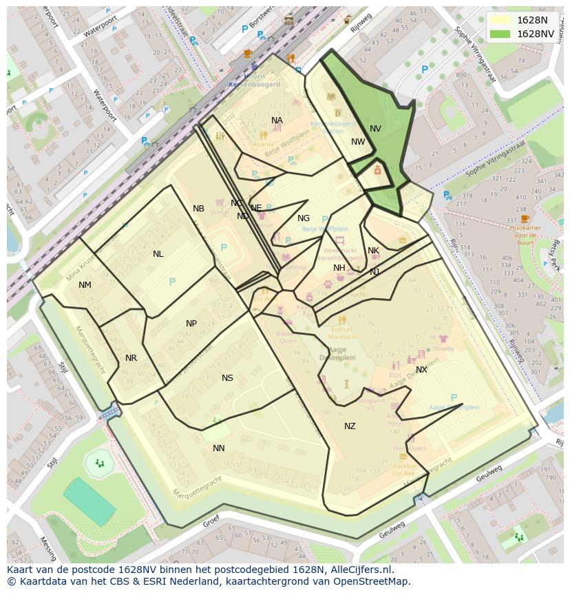 Afbeelding van het postcodegebied 1628 NV op de kaart.