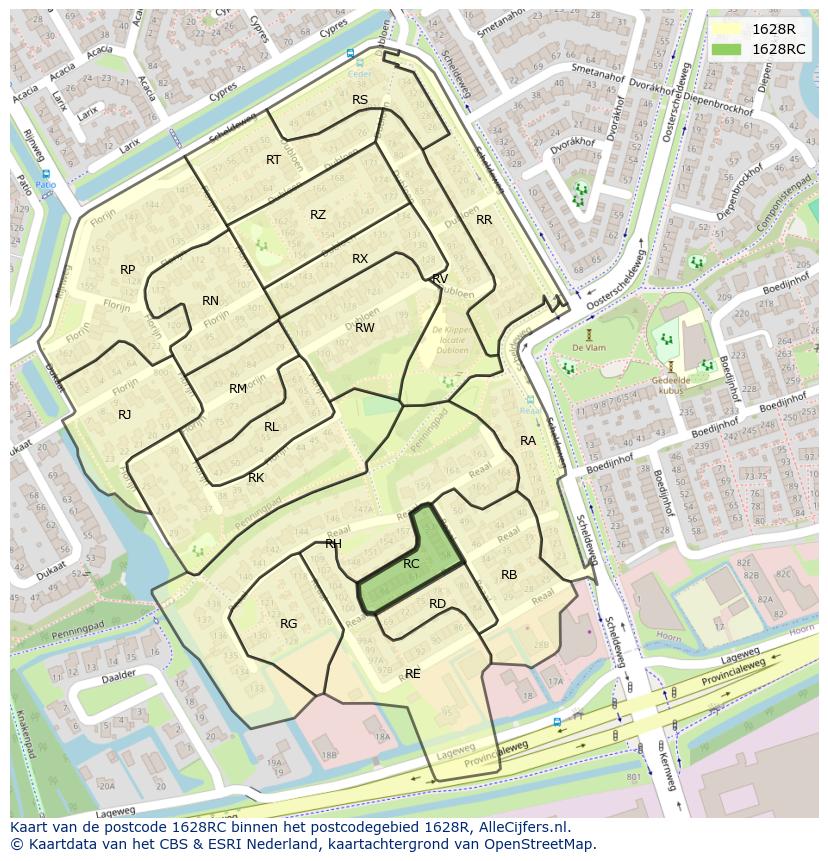 Afbeelding van het postcodegebied 1628 RC op de kaart.