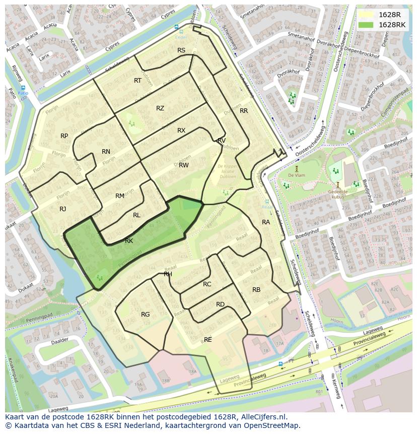 Afbeelding van het postcodegebied 1628 RK op de kaart.