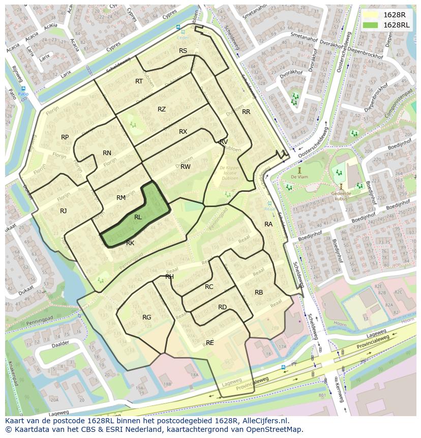 Afbeelding van het postcodegebied 1628 RL op de kaart.