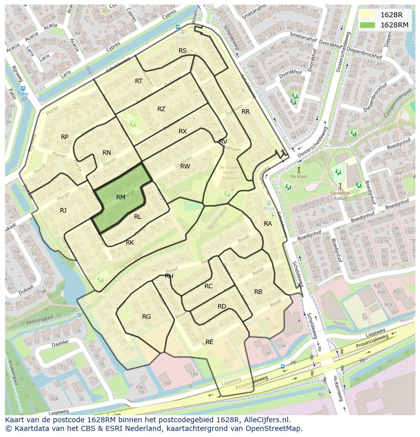Afbeelding van het postcodegebied 1628 RM op de kaart.