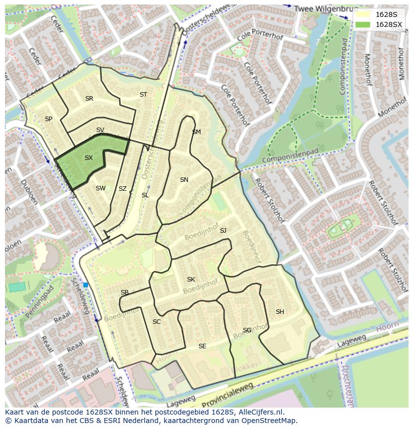 Afbeelding van het postcodegebied 1628 SX op de kaart.