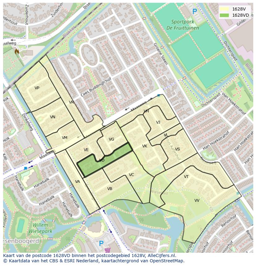 Afbeelding van het postcodegebied 1628 VD op de kaart.