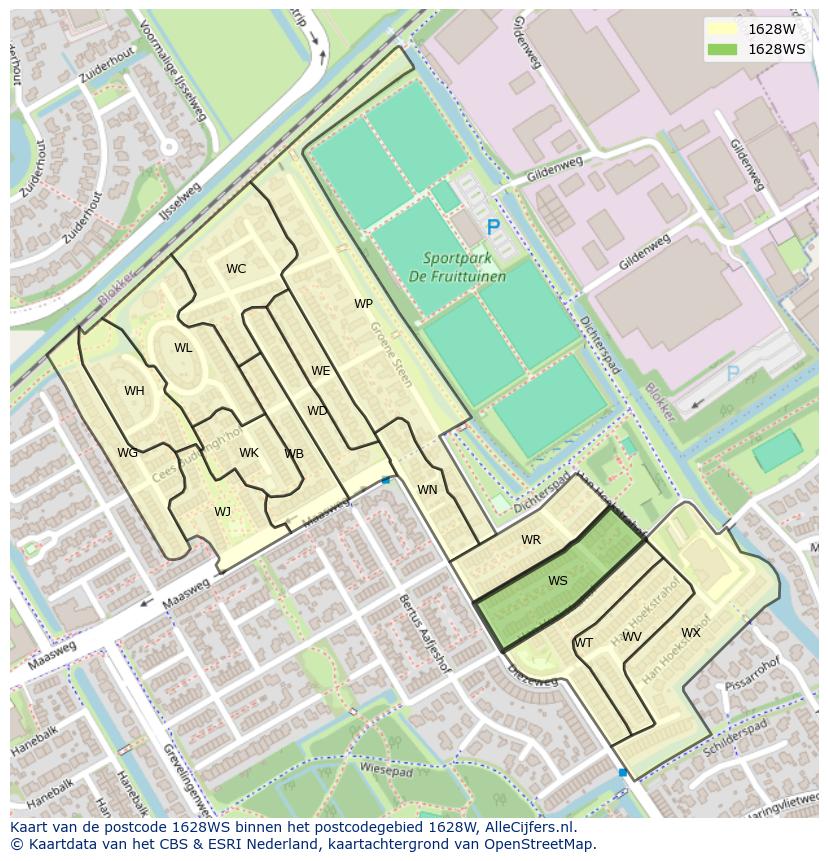 Afbeelding van het postcodegebied 1628 WS op de kaart.