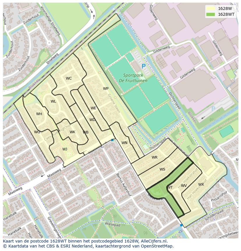 Afbeelding van het postcodegebied 1628 WT op de kaart.