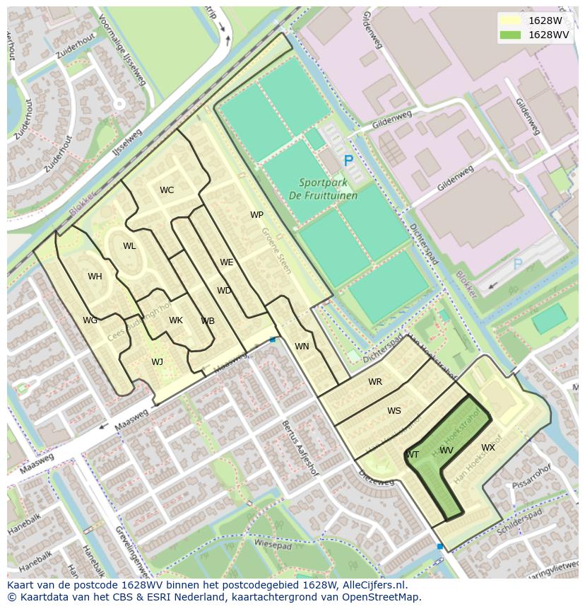 Afbeelding van het postcodegebied 1628 WV op de kaart.