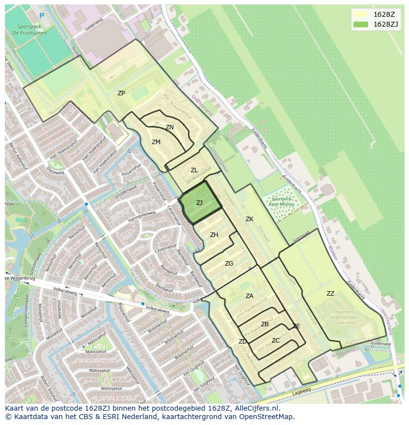 Afbeelding van het postcodegebied 1628 ZJ op de kaart.