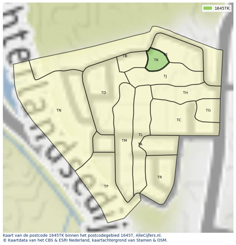 Afbeelding van het postcodegebied 1645 TK op de kaart.