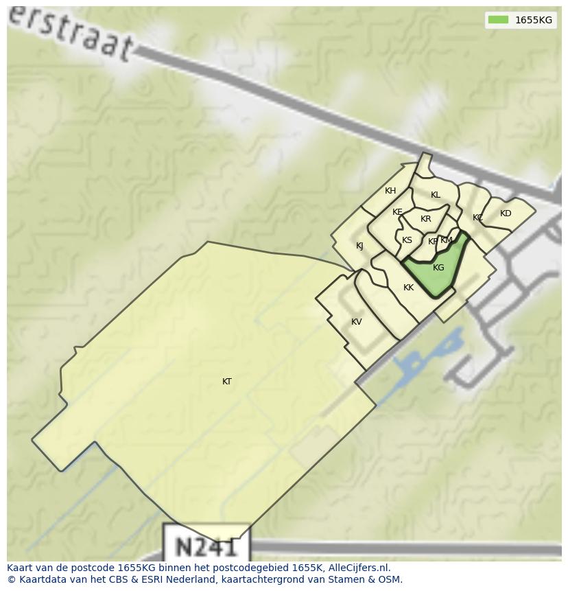 Afbeelding van het postcodegebied 1655 KG op de kaart.