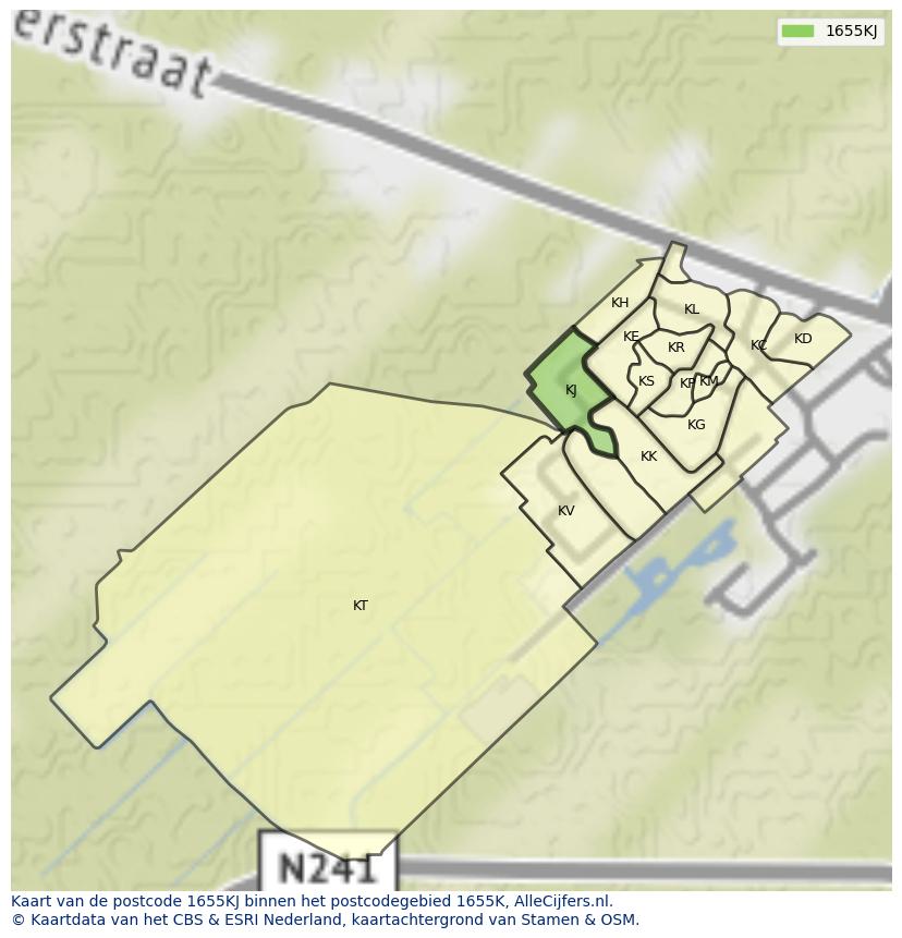 Afbeelding van het postcodegebied 1655 KJ op de kaart.