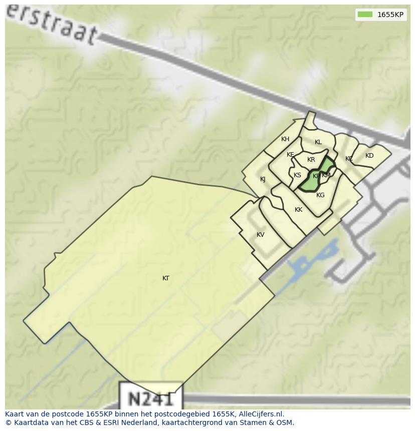 Afbeelding van het postcodegebied 1655 KP op de kaart.