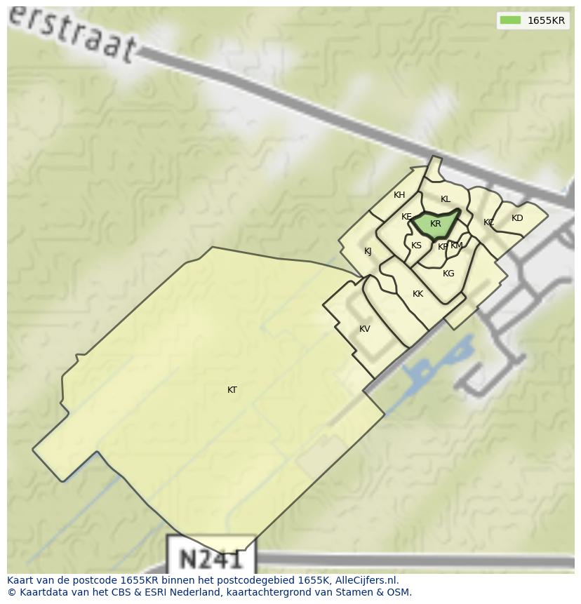 Afbeelding van het postcodegebied 1655 KR op de kaart.