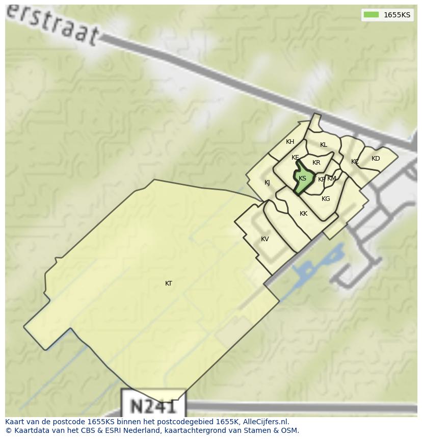 Afbeelding van het postcodegebied 1655 KS op de kaart.