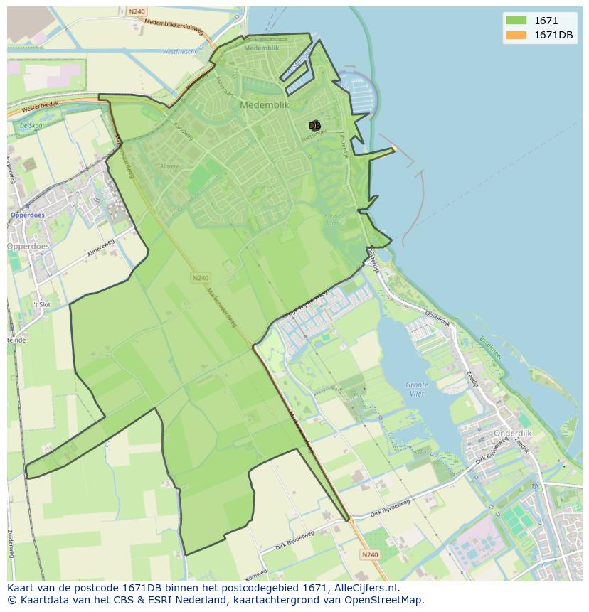 Afbeelding van het postcodegebied 1671 DB op de kaart.