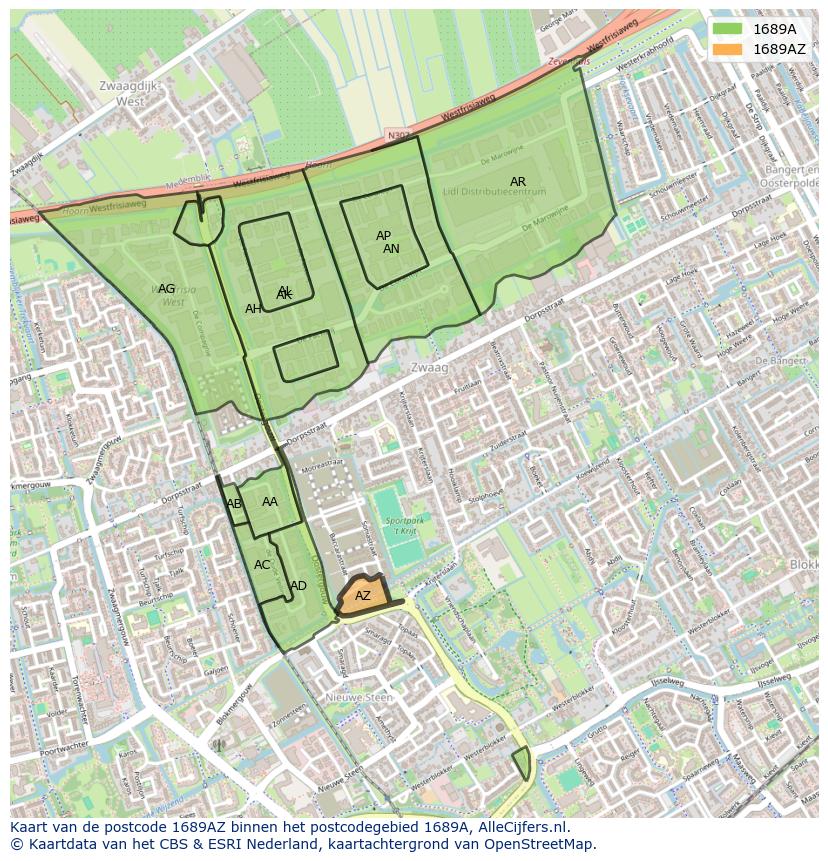 Afbeelding van het postcodegebied 1689 AZ op de kaart.