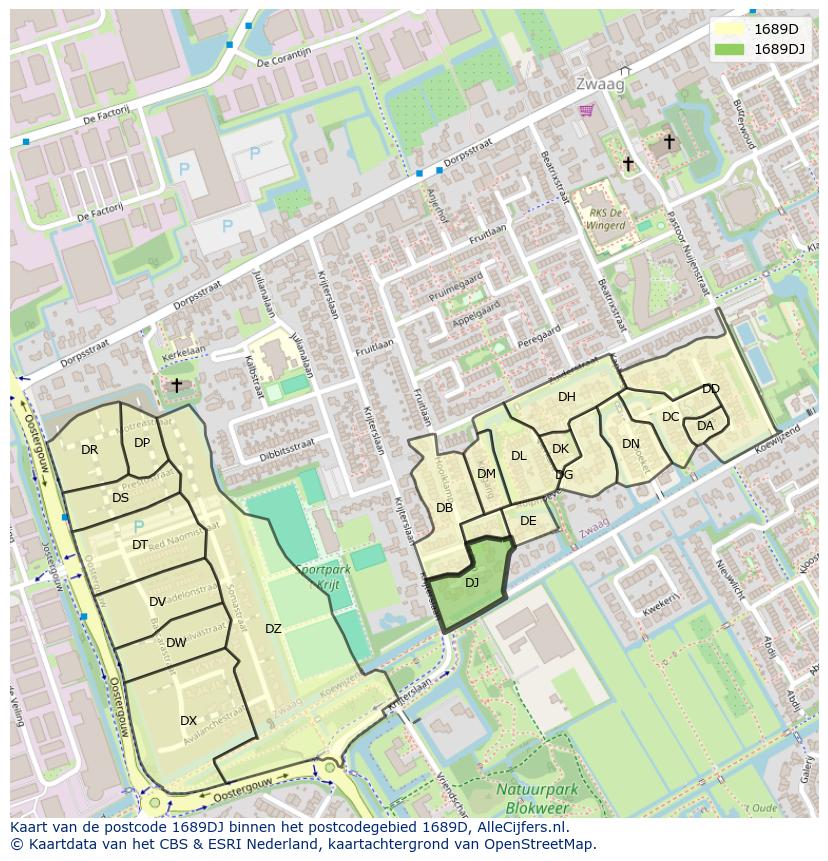 Afbeelding van het postcodegebied 1689 DJ op de kaart.