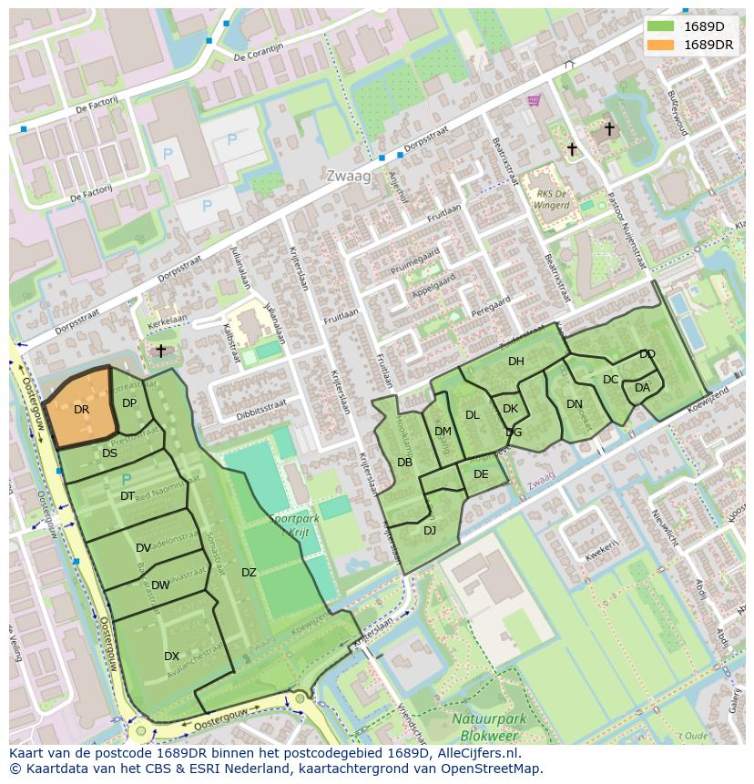 Afbeelding van het postcodegebied 1689 DR op de kaart.