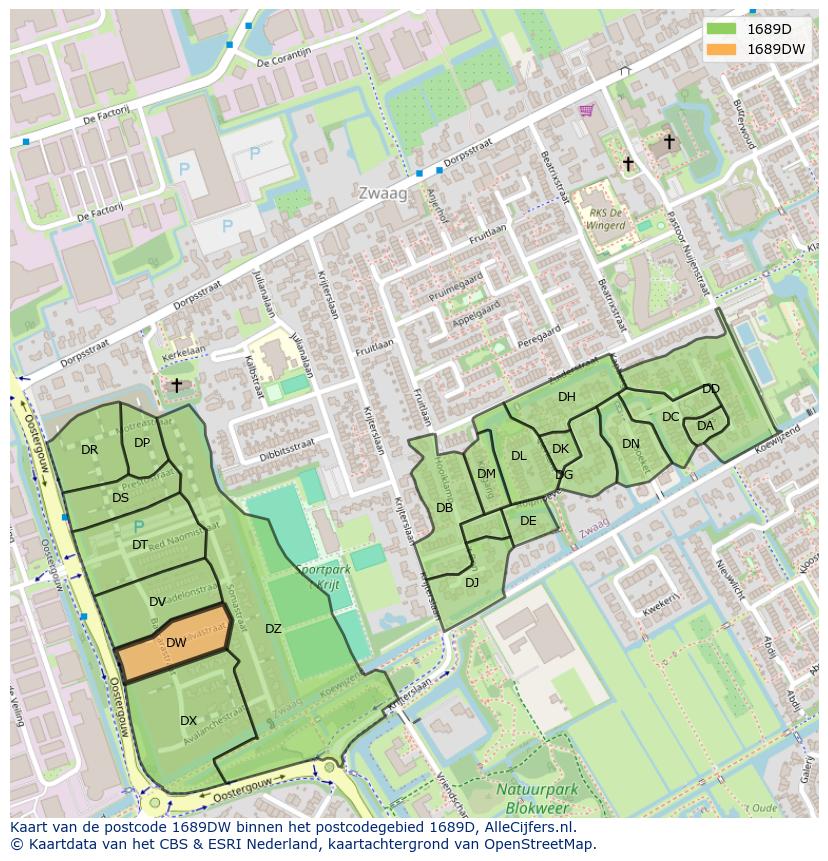 Afbeelding van het postcodegebied 1689 DW op de kaart.