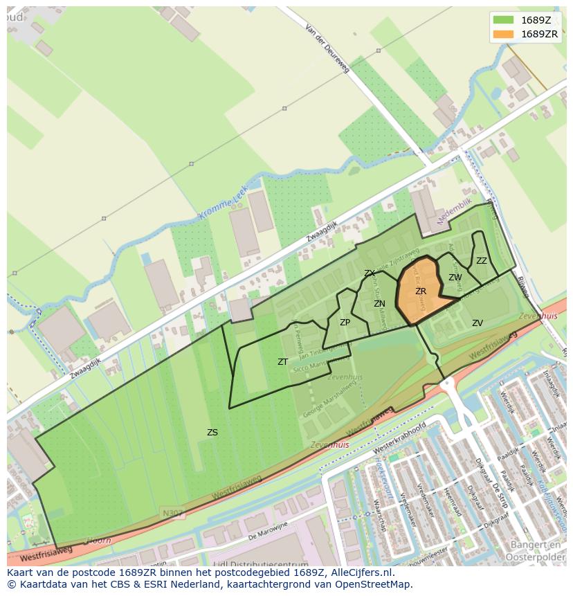 Afbeelding van het postcodegebied 1689 ZR op de kaart.