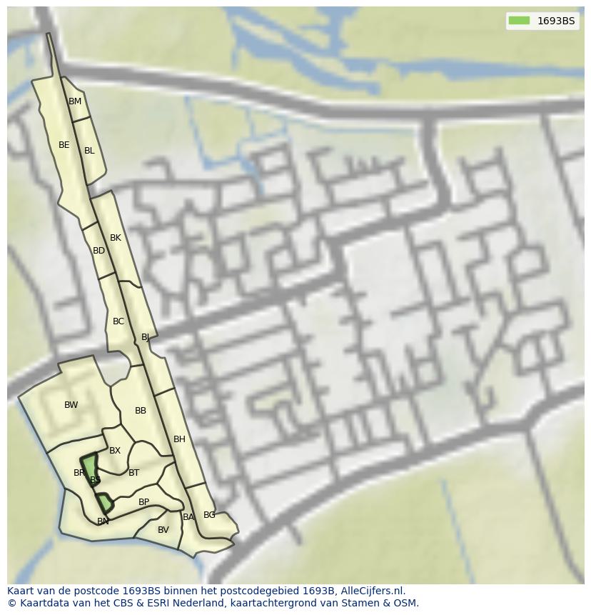 Afbeelding van het postcodegebied 1693 BS op de kaart.