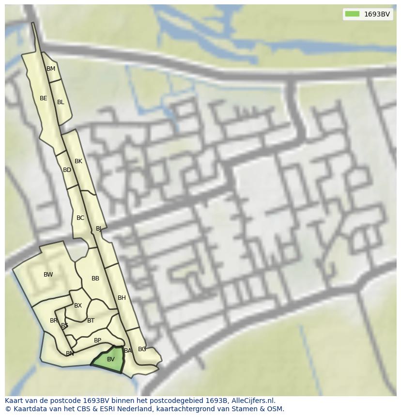 Afbeelding van het postcodegebied 1693 BV op de kaart.
