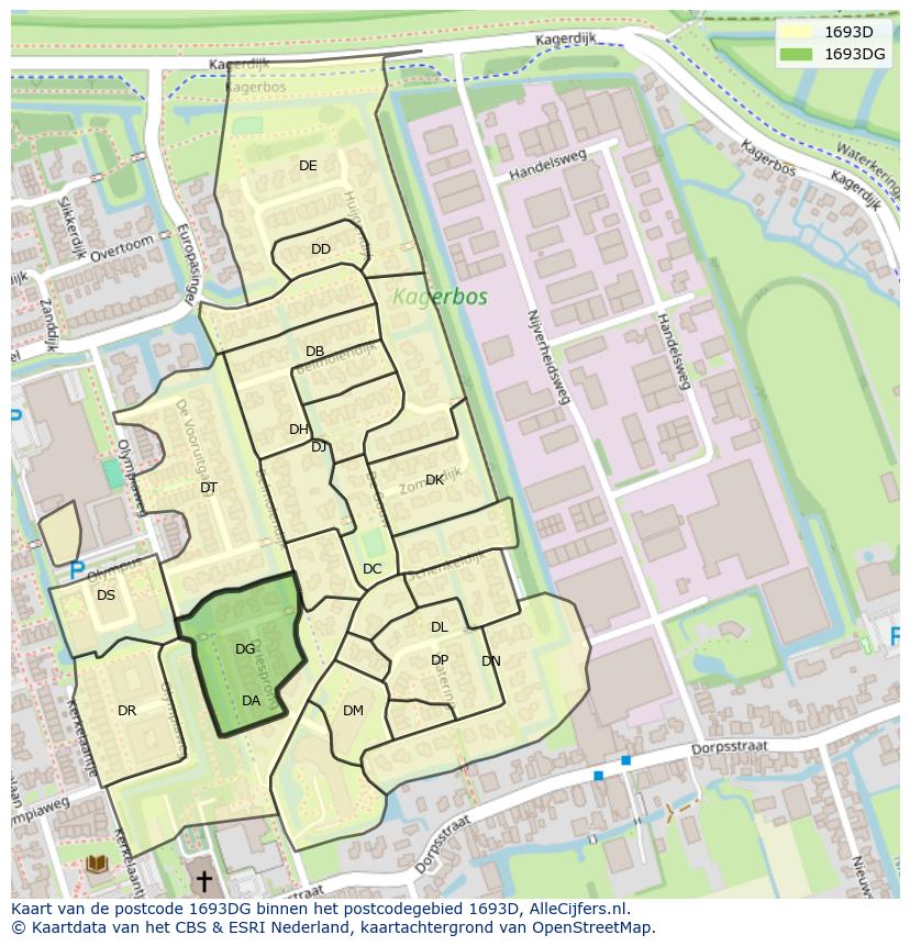 Afbeelding van het postcodegebied 1693 DG op de kaart.