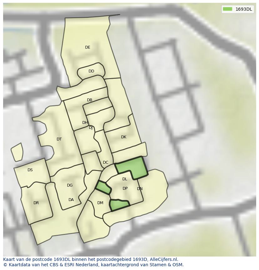 Afbeelding van het postcodegebied 1693 DL op de kaart.