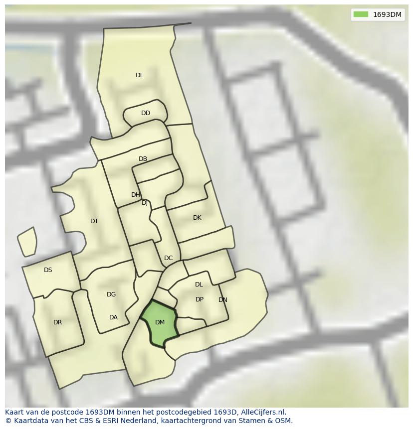 Afbeelding van het postcodegebied 1693 DM op de kaart.