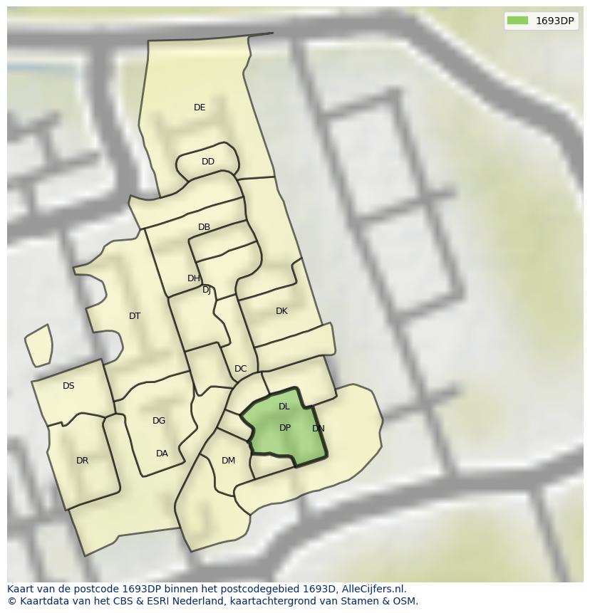 Afbeelding van het postcodegebied 1693 DP op de kaart.