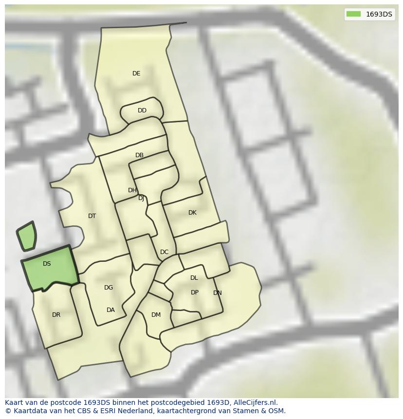 Afbeelding van het postcodegebied 1693 DS op de kaart.
