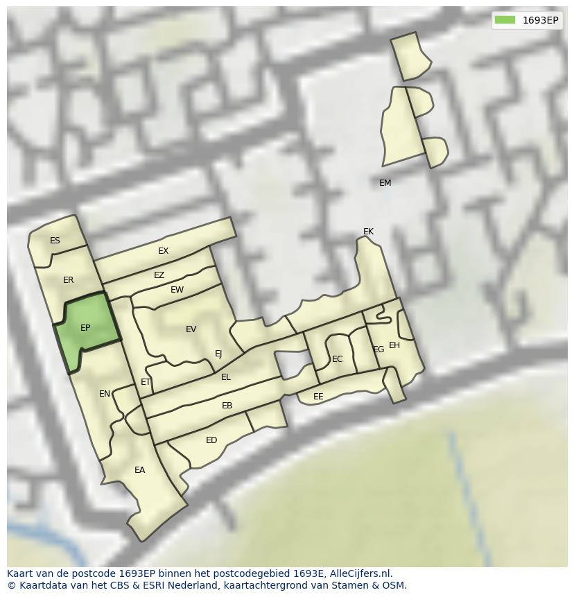 Afbeelding van het postcodegebied 1693 EP op de kaart.