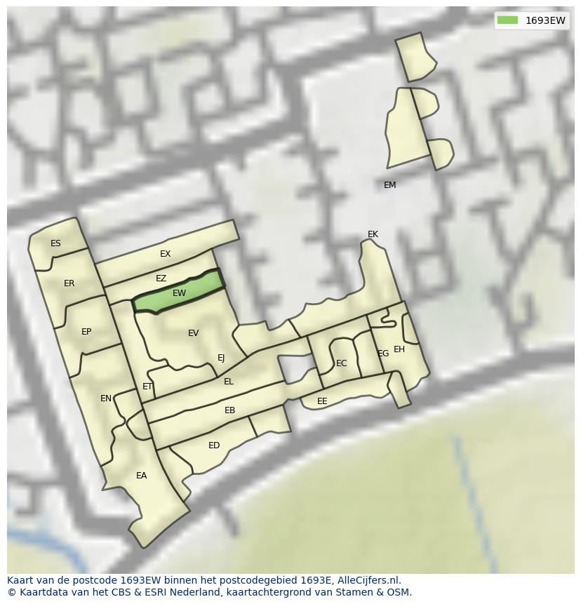 Afbeelding van het postcodegebied 1693 EW op de kaart.