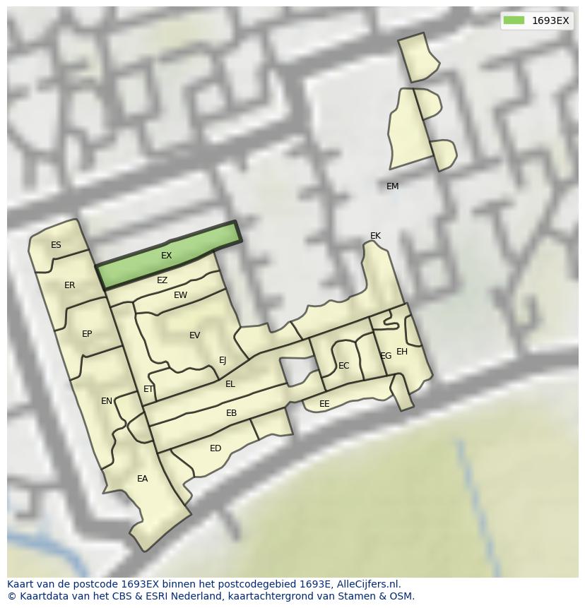 Afbeelding van het postcodegebied 1693 EX op de kaart.