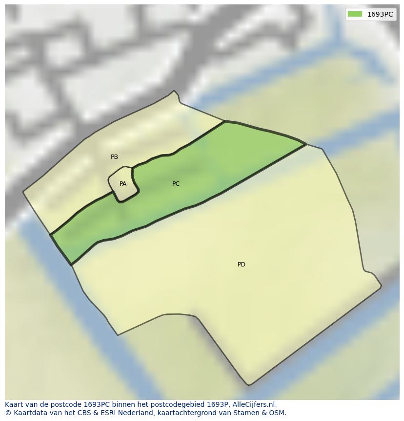 Afbeelding van het postcodegebied 1693 PC op de kaart.