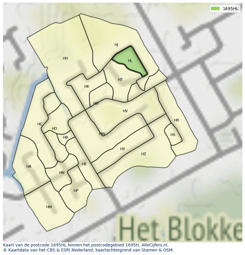 Afbeelding van het postcodegebied 1695 HL op de kaart.