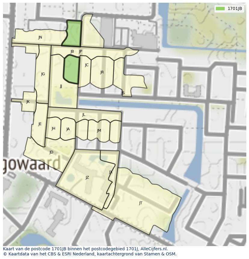 Afbeelding van het postcodegebied 1701 JB op de kaart.