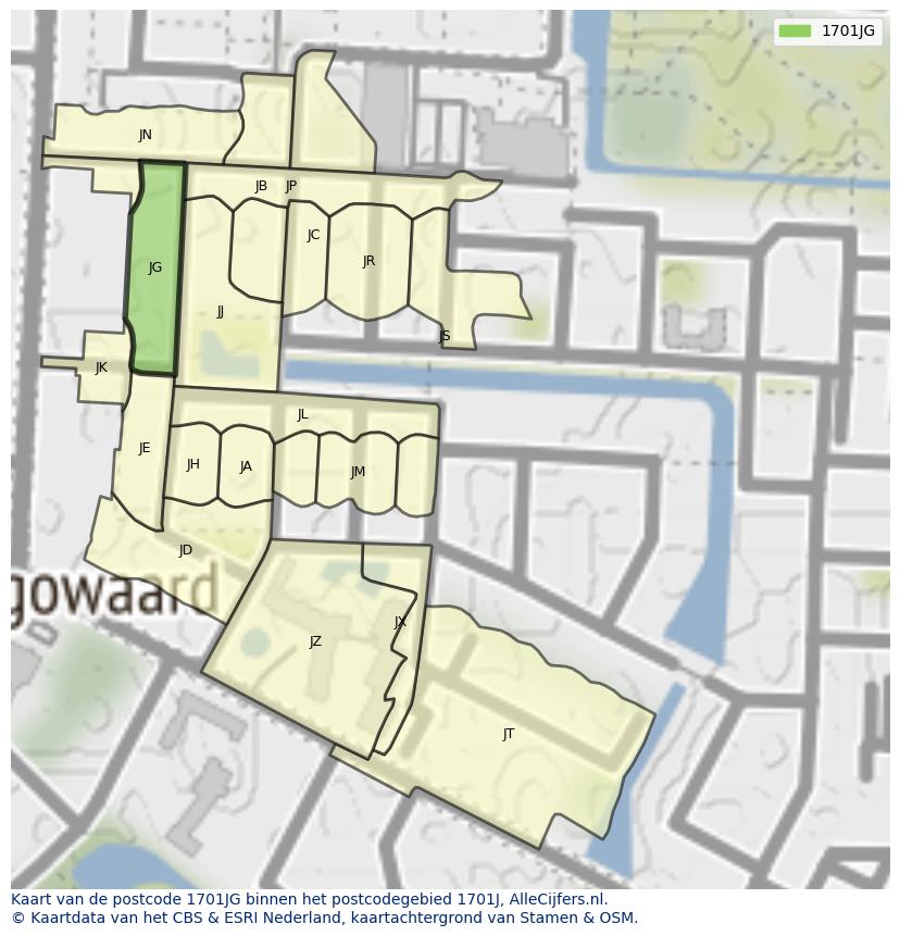 Afbeelding van het postcodegebied 1701 JG op de kaart.