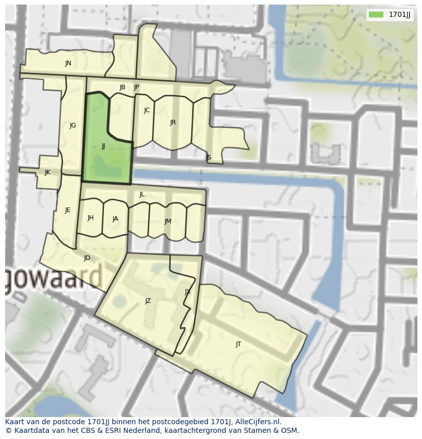 Afbeelding van het postcodegebied 1701 JJ op de kaart.