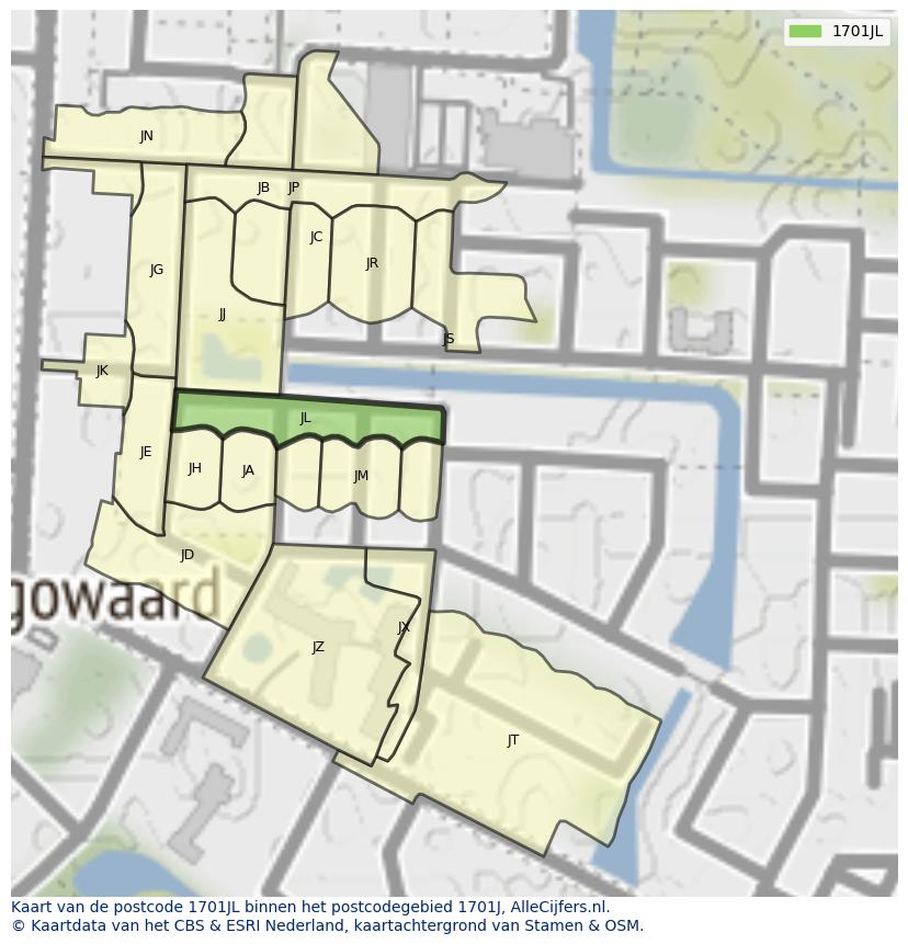 Afbeelding van het postcodegebied 1701 JL op de kaart.
