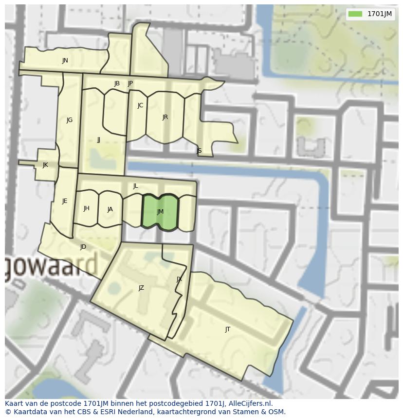 Afbeelding van het postcodegebied 1701 JM op de kaart.