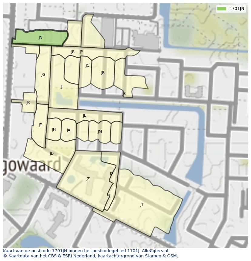 Afbeelding van het postcodegebied 1701 JN op de kaart.