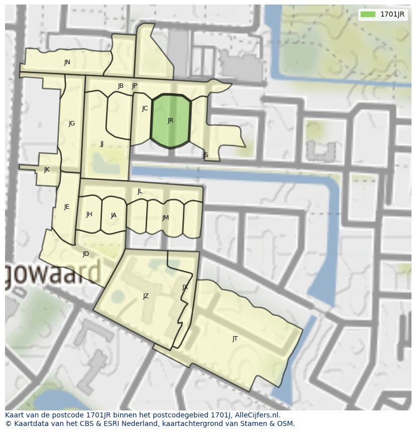 Afbeelding van het postcodegebied 1701 JR op de kaart.