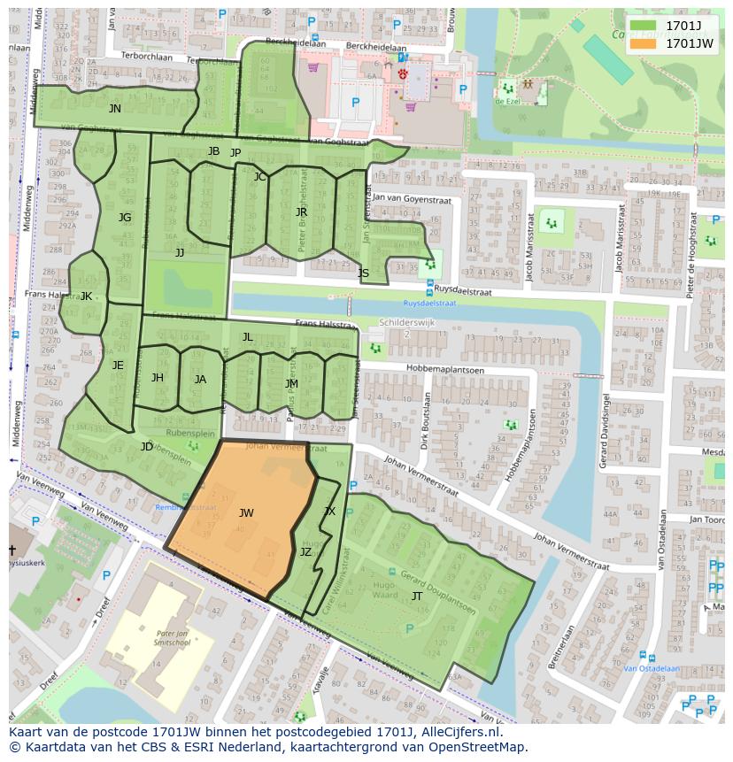 Afbeelding van het postcodegebied 1701 JW op de kaart.