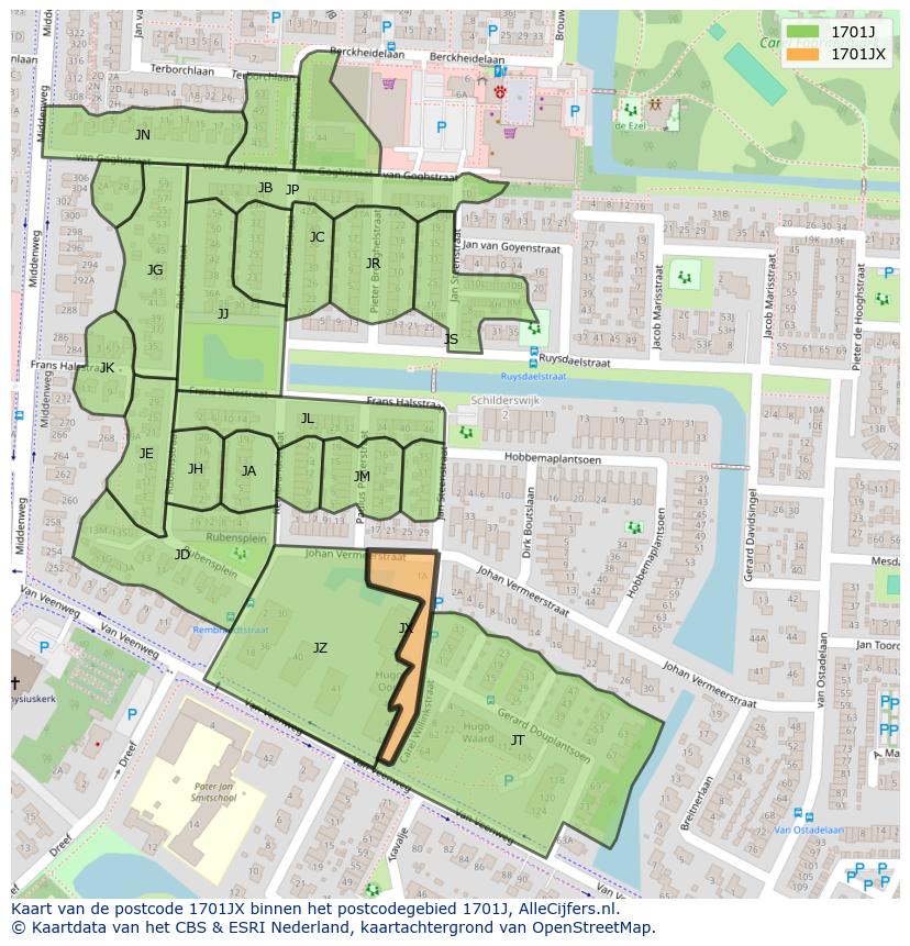 Afbeelding van het postcodegebied 1701 JX op de kaart.
