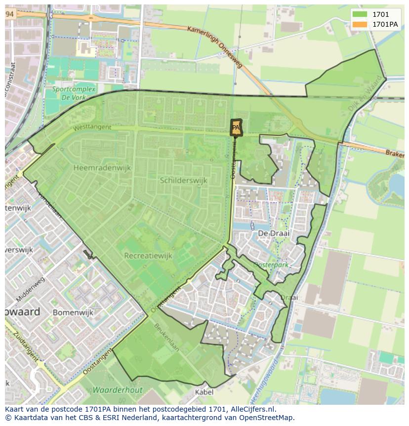 Afbeelding van het postcodegebied 1701 PA op de kaart.