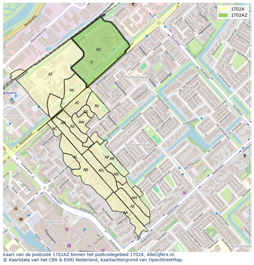 Afbeelding van het postcodegebied 1702 AZ op de kaart.