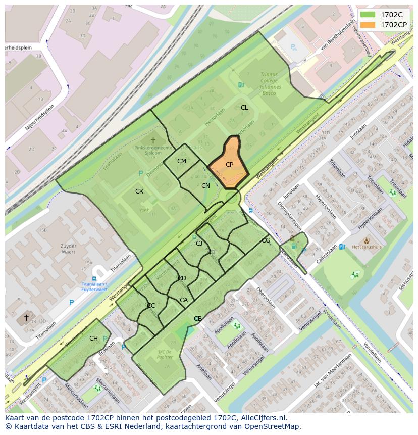 Afbeelding van het postcodegebied 1702 CP op de kaart.