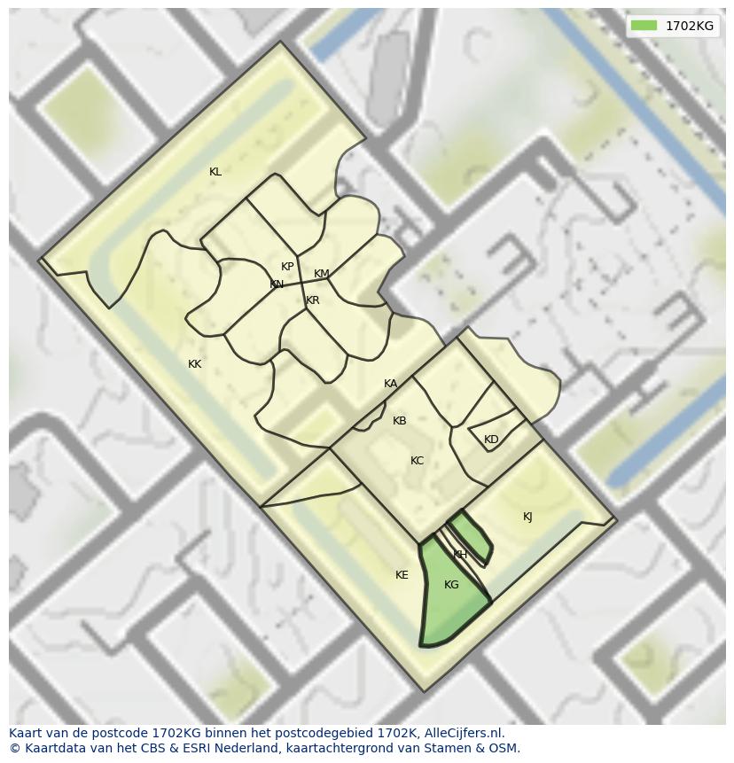 Afbeelding van het postcodegebied 1702 KG op de kaart.